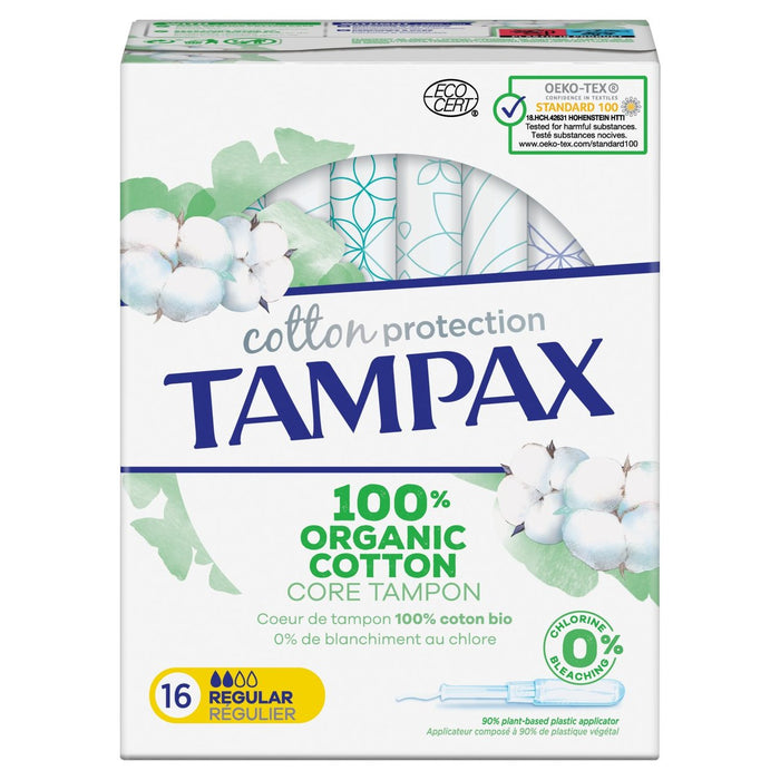 Tampax Protección de algodón orgánico Tampones de aplicador regular 16 por paquete