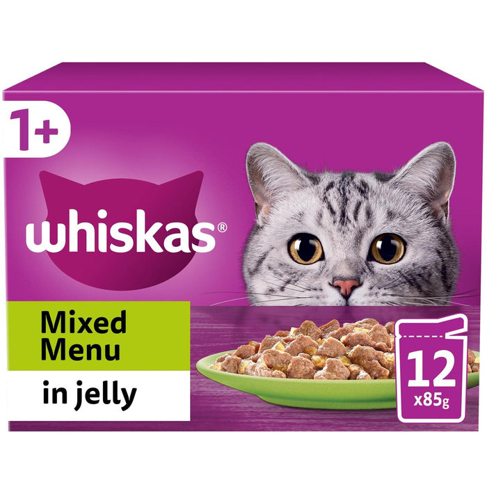 Whiskas 1+ Menú mixta de bolsas de gato húmedo para adultos en gelatina 12 x 85g